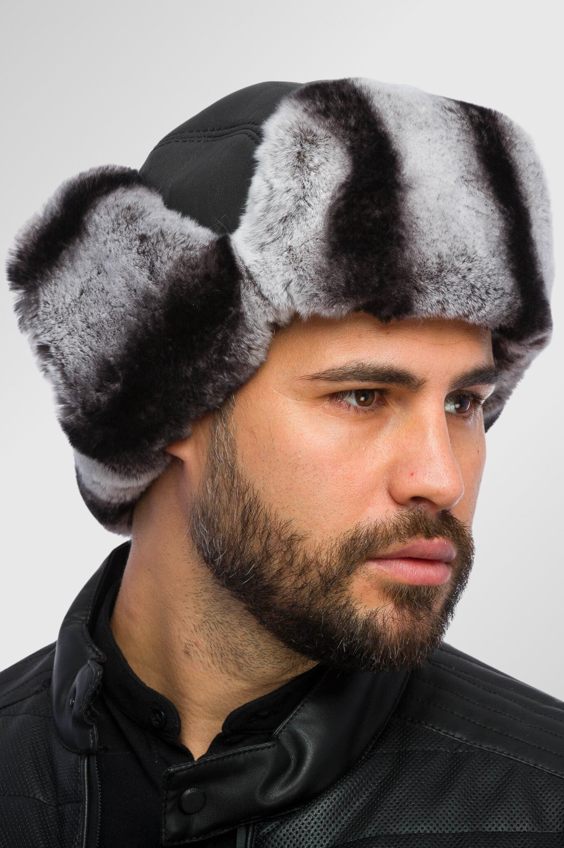 Căciulă din Blană Naturală de Rex și Piele, Bărbați, Obsidian și Silver Grey 18