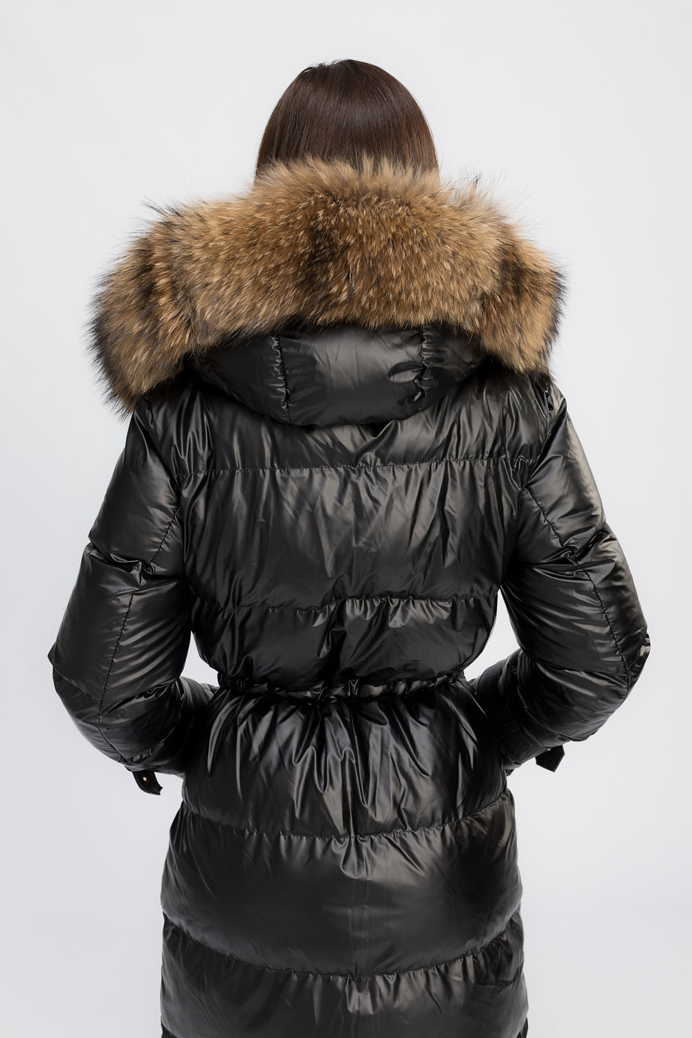Geacă Parka cu Glugă Detașabilă, Accesorii din Blană Naturală de Raton și Piele Naturală, Femei, Obsidian Black 457