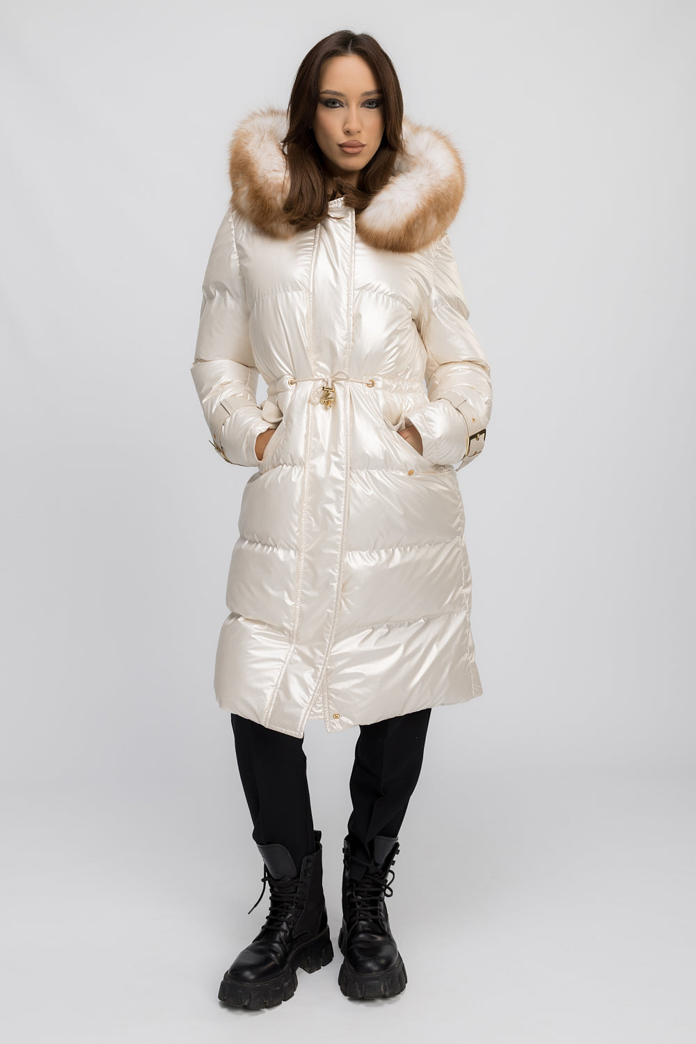 Geacă Parka cu Glugă Detașabilă, Accesorii din Blană Naturală de Vulpe și Piele Naturală, Femei, Ivory Frost 455