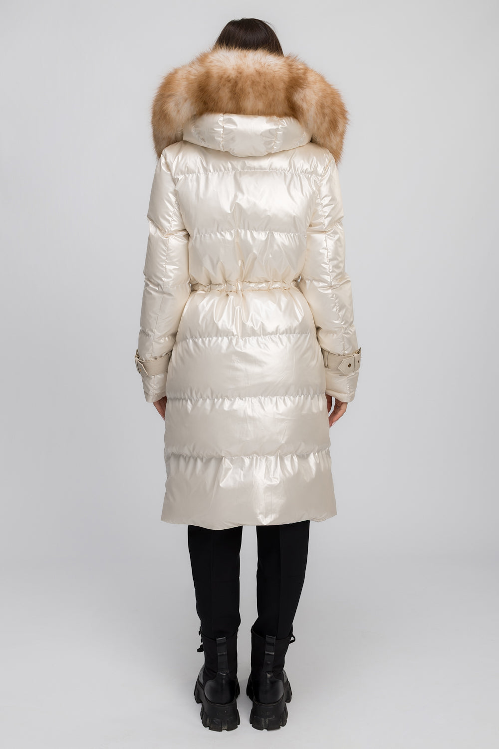 Parka avec capuche amovible, finitions en fourrure de renard naturel et cuir véritable, femme, Ivory Frost 455