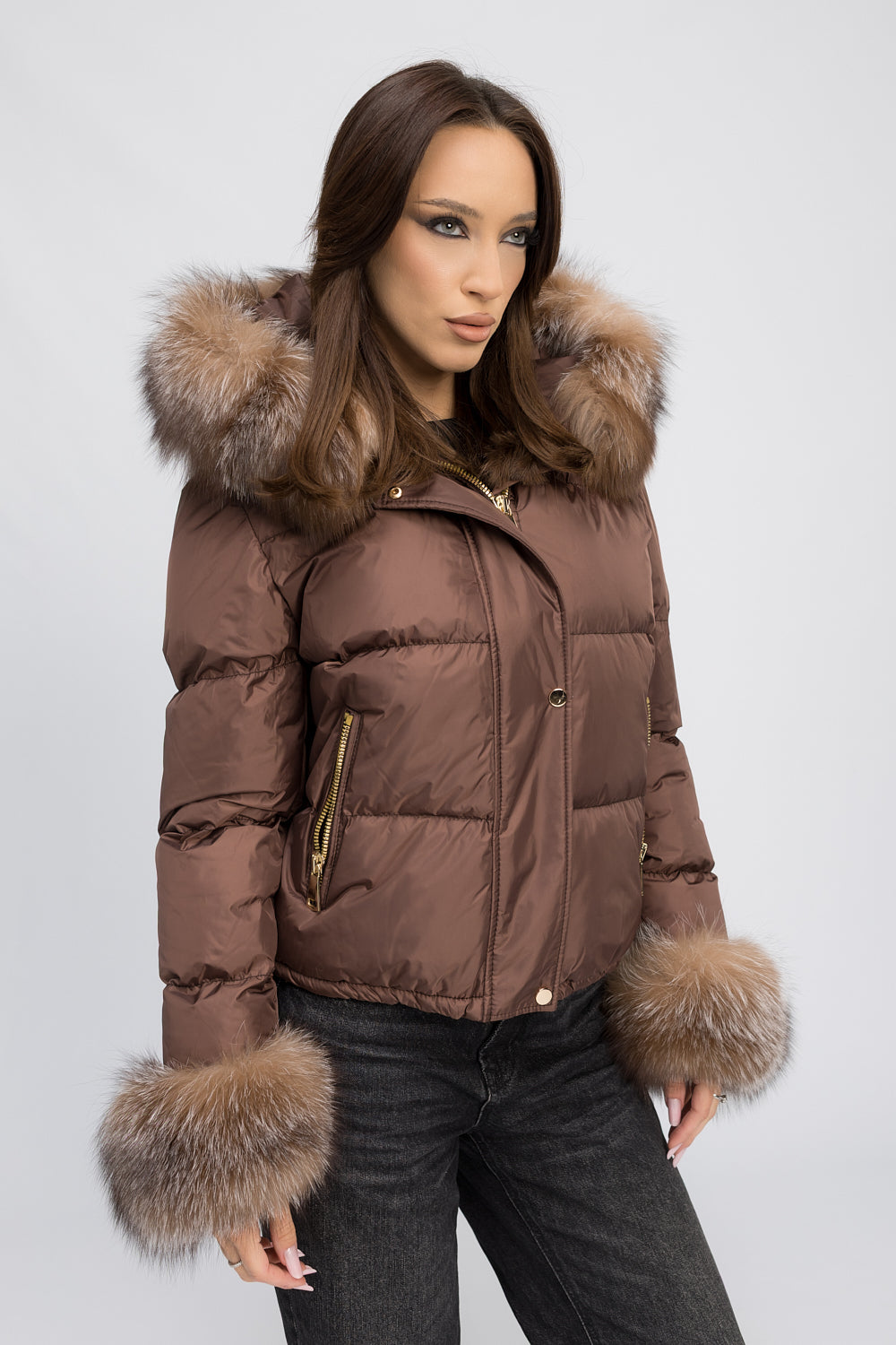 Women's Short Jacket with Hood and Natural Fox Fur Cuffs, Mocha Glow 459