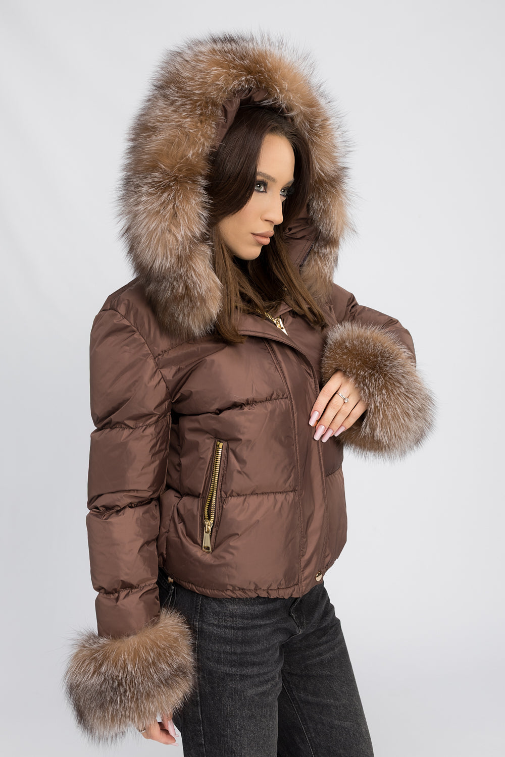 Women's Short Jacket with Hood and Natural Fox Fur Cuffs, Mocha Glow 459