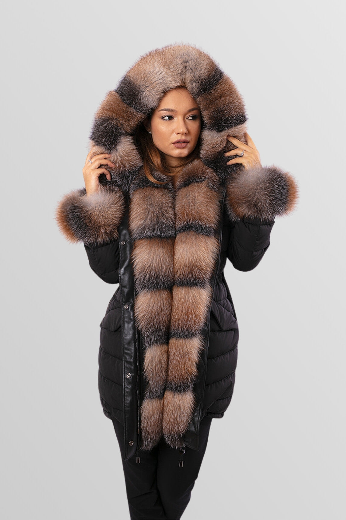 Geacă Parka cu Blană de Vulpe, Umplută cu Puf Natural, Impermeabilă, Femei, Obsidian și Brown Frost 150