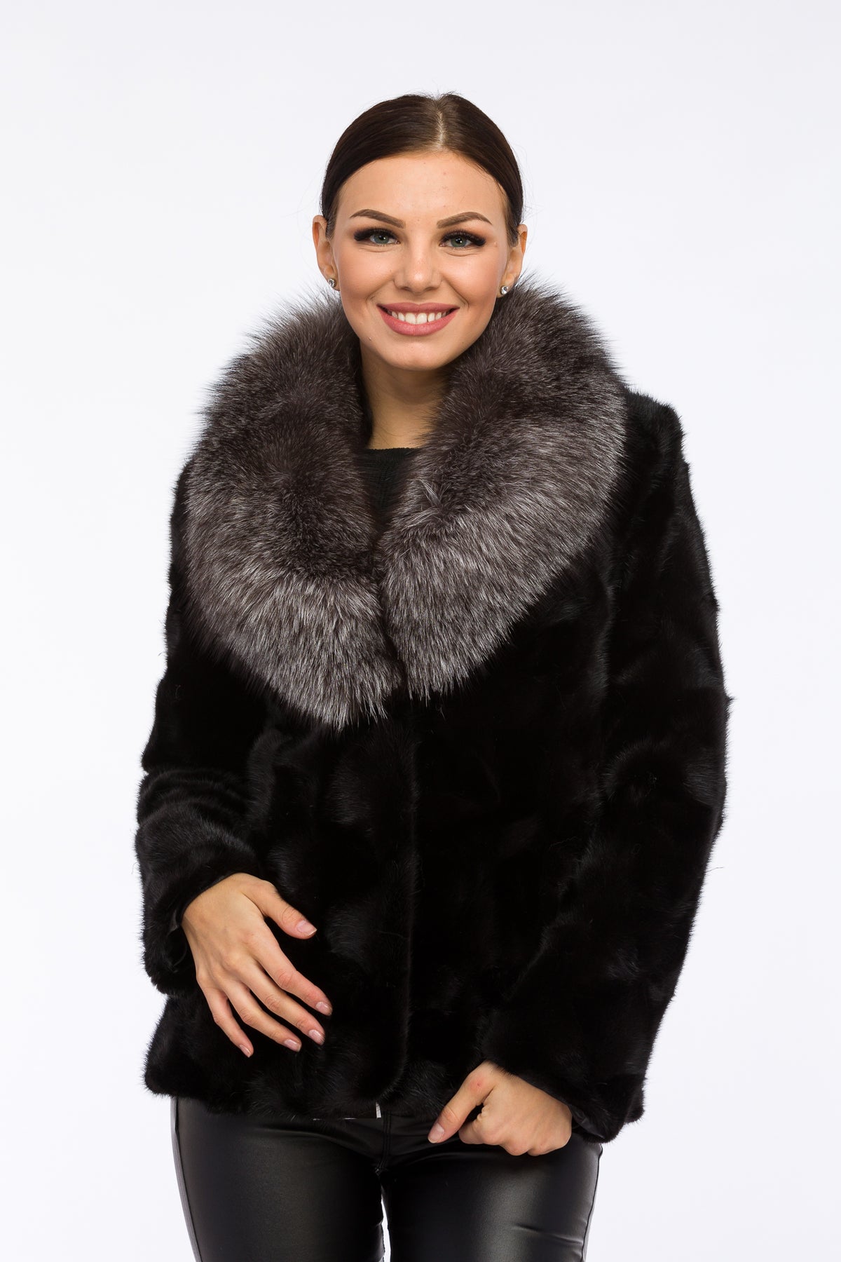 Manteau en fourrure de vison naturel avec col en renard, femme, Obsidian et Grey Frost 162
