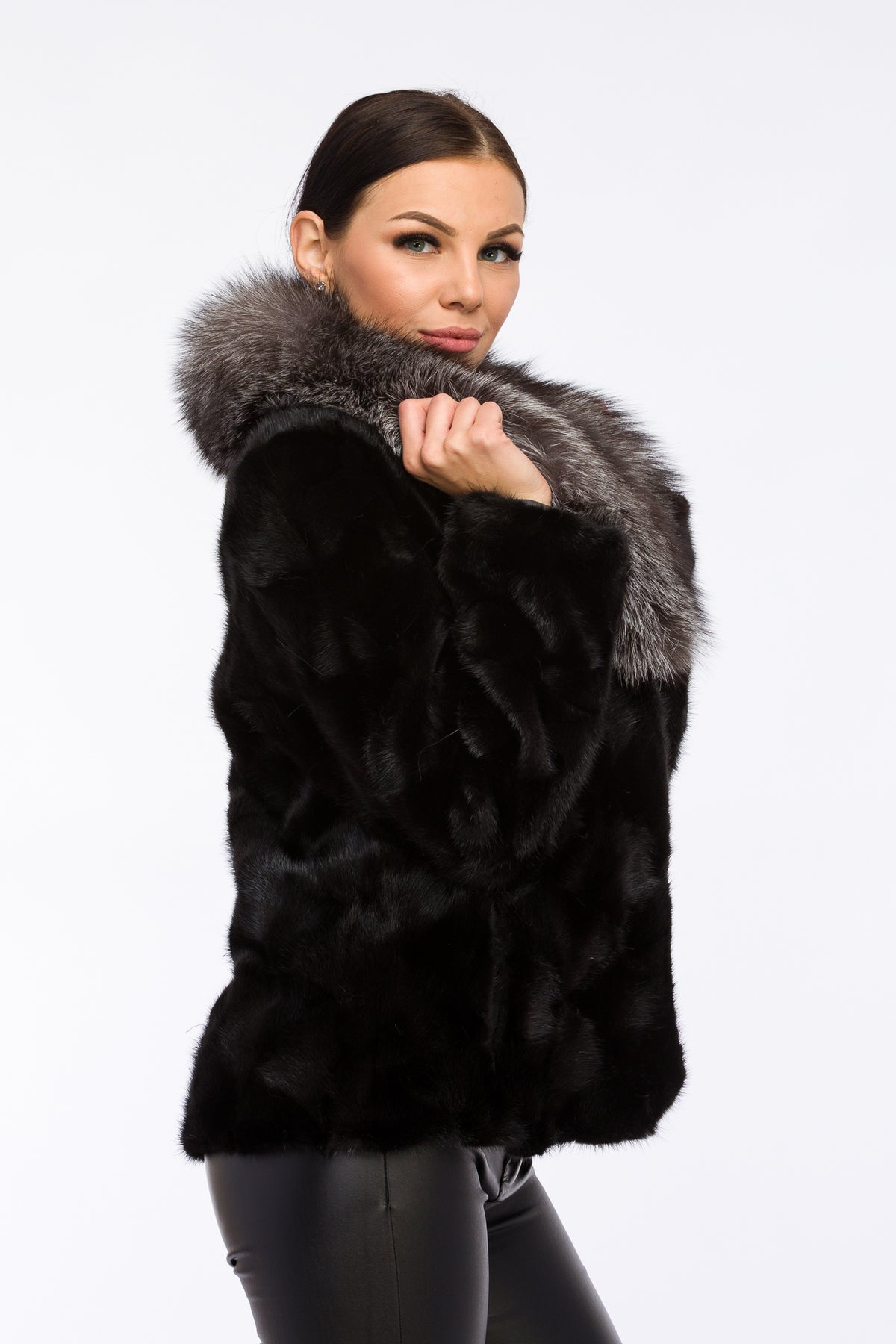 Manteau en fourrure de vison naturel avec col en renard, femme, Obsidian et Grey Frost 162