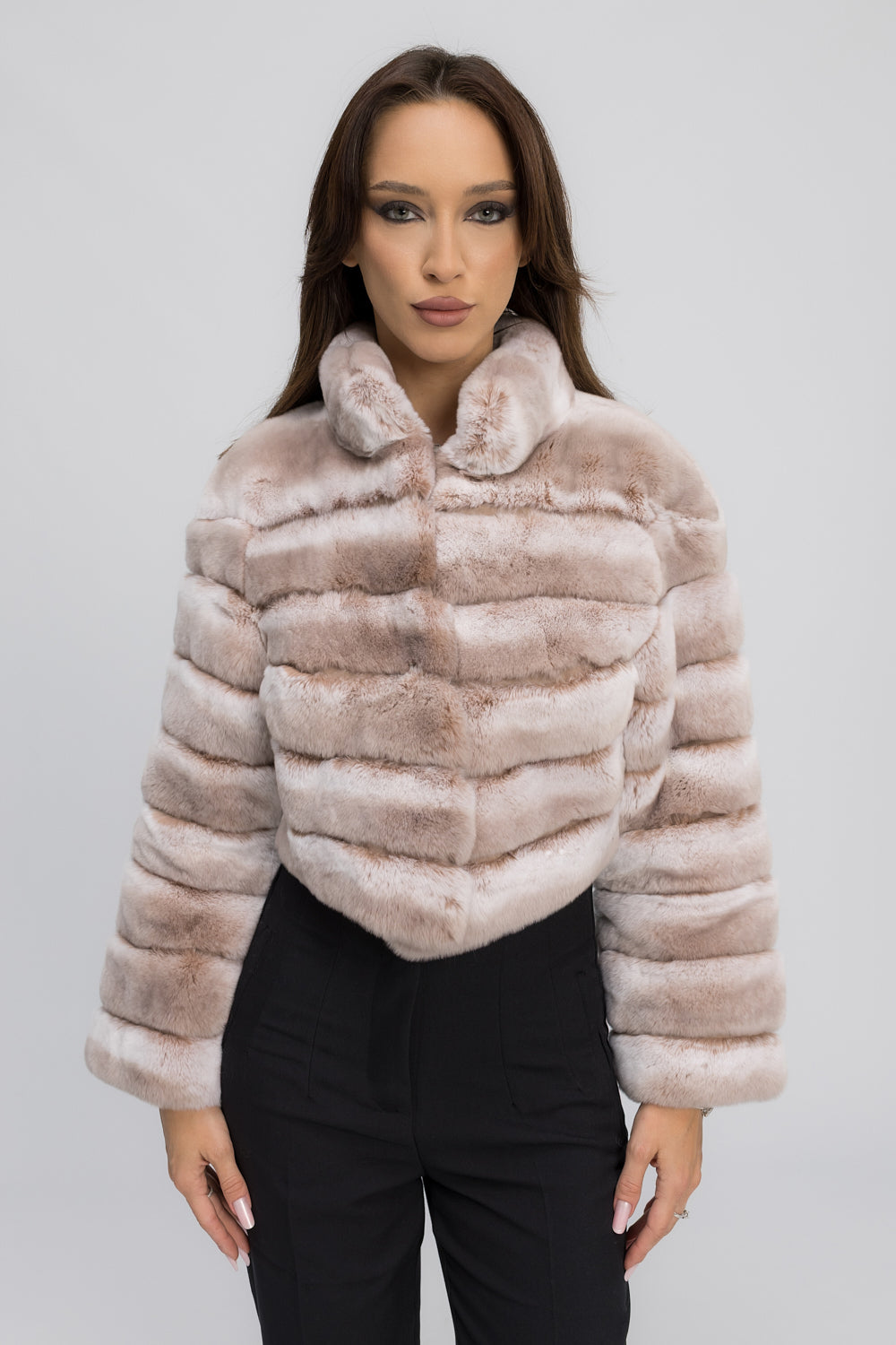 Haină din Blană Naturală de Rex Chinchilla, cu Guler Tunică, Femei, Cappuccino Mist 464