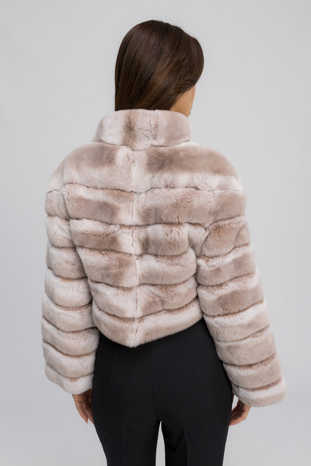 Haină din Blană Naturală de Rex Chinchilla, cu Guler Tunică, Femei, Cappuccino Mist 464