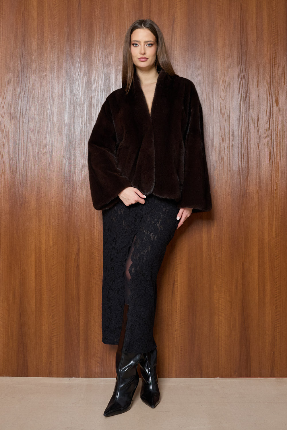 brown velvet mink fur coat, shawl collar, Mareus