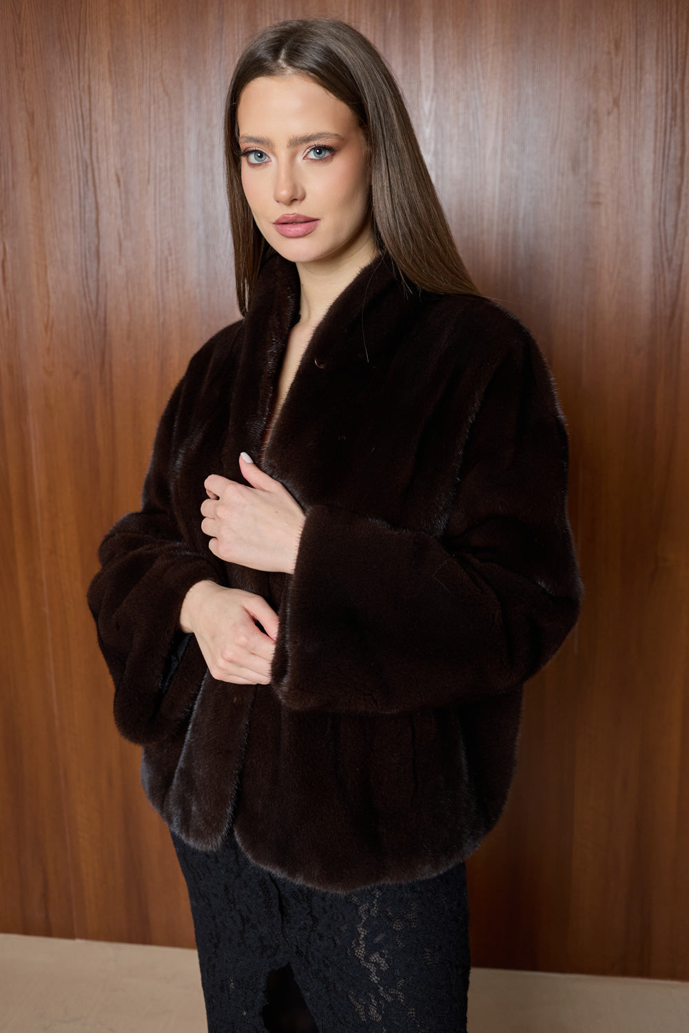 brown velvet mink fur coat, shawl collar, Mareus