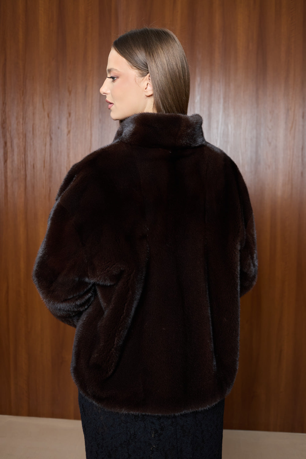 brown velvet mink fur coat, shawl collar, Mareus