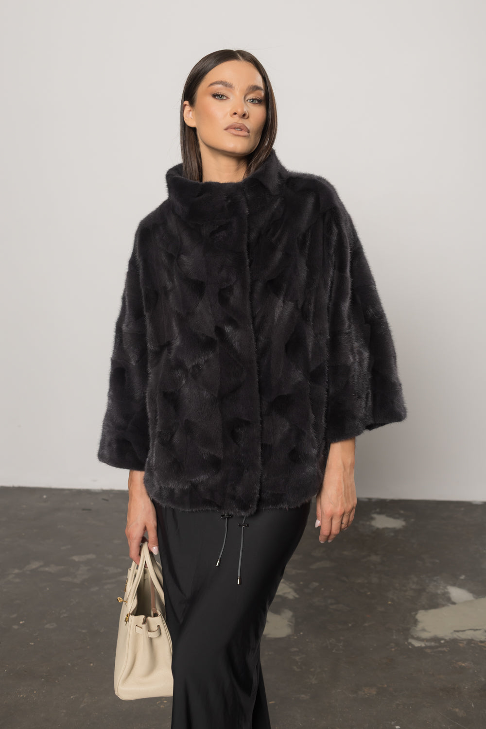 Natural Mink Fur Coat, 3/4 Sleeves, Women, Blue Eclipse 399