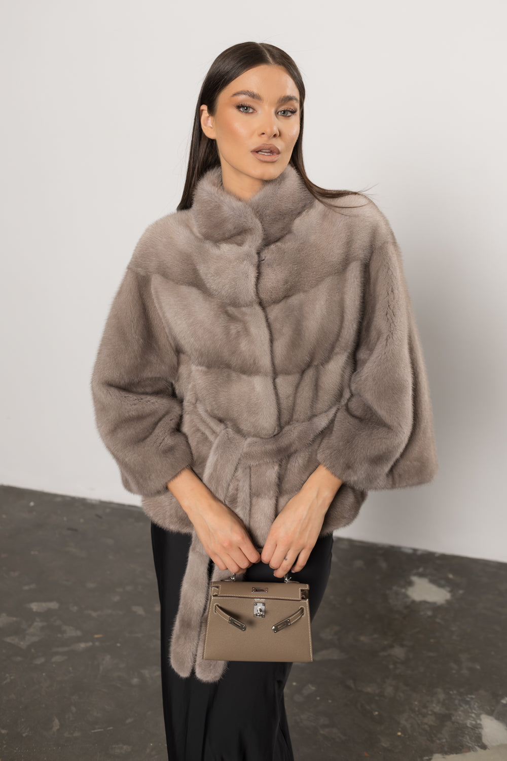 Haină din Blană Naturală de Vizon, cu Cordon, Femei, Silver Blue 406