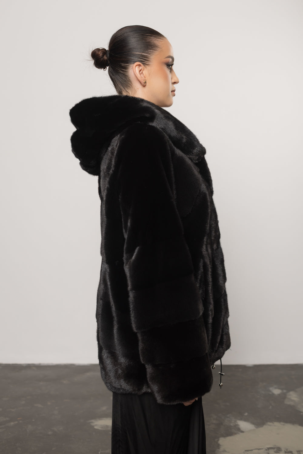 Women's Natural Mink Fur Coat with Hood, Diamond Black 416