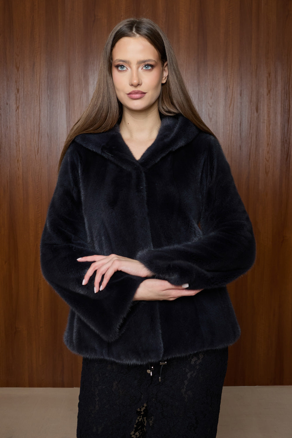 mink fur coat with hood, petrol gray, Mareus