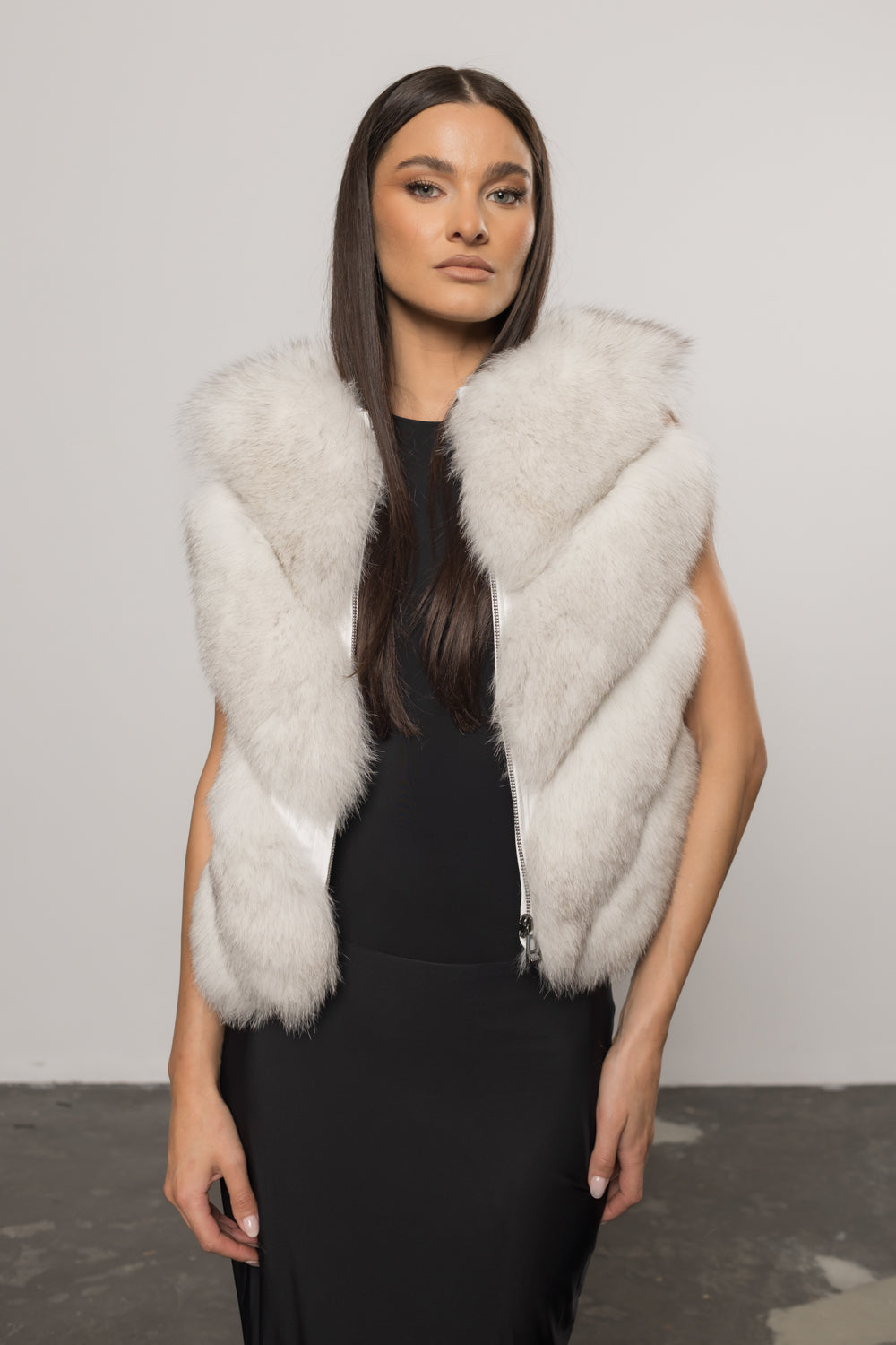 Haină din Blană Naturală de Vulpe Polară, Transformabilă, V Model, cu Glugă Detașabilă, Femei, Natural White 402