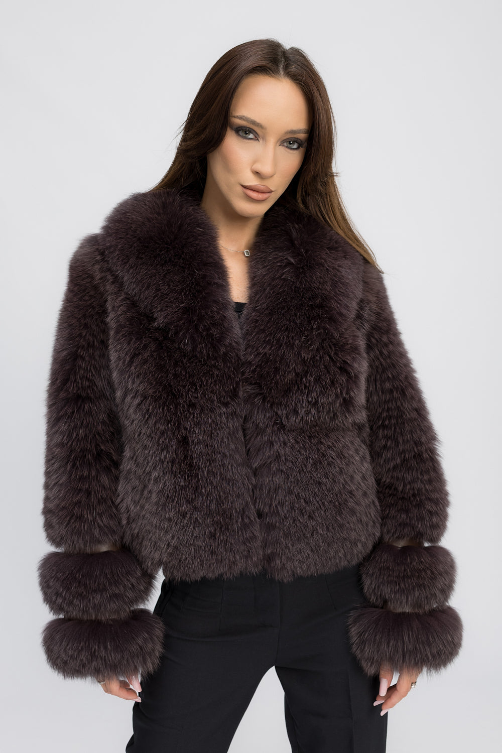 Women's Natural Polar Fox Fur Coat with Lapel Collar, Cocoa Plum 472