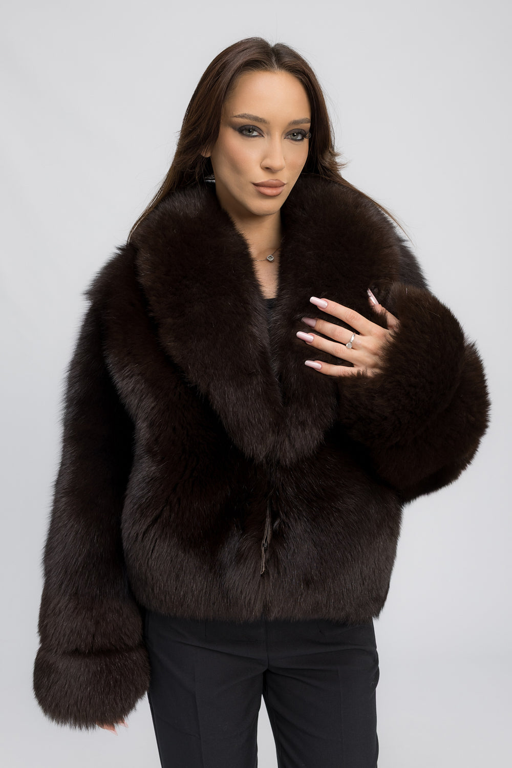 Women's Natural Polar Fox Fur Coat with Lapel Collar, Dark Cocoa 466