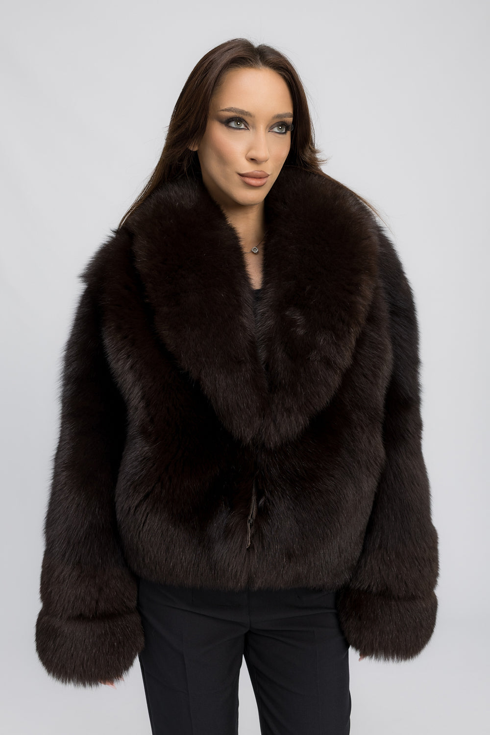 Women's Natural Polar Fox Fur Coat with Lapel Collar, Dark Cocoa 466