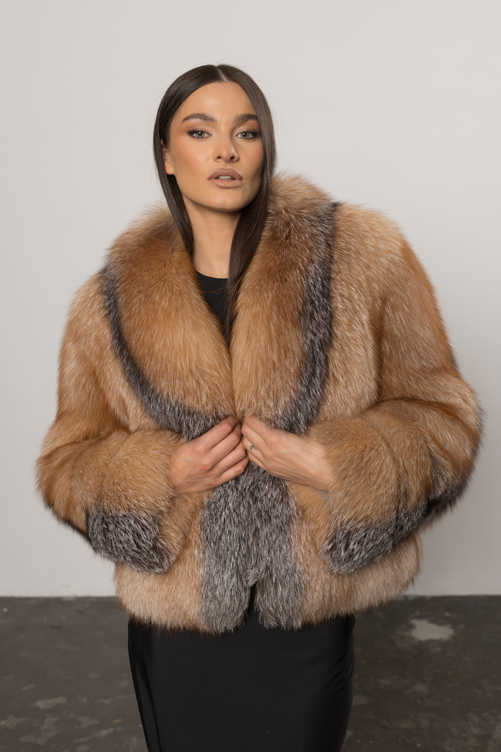 Cappotto in pelliccia naturale di volpe, con colletto a revers, donna, Canadian Brown 403
