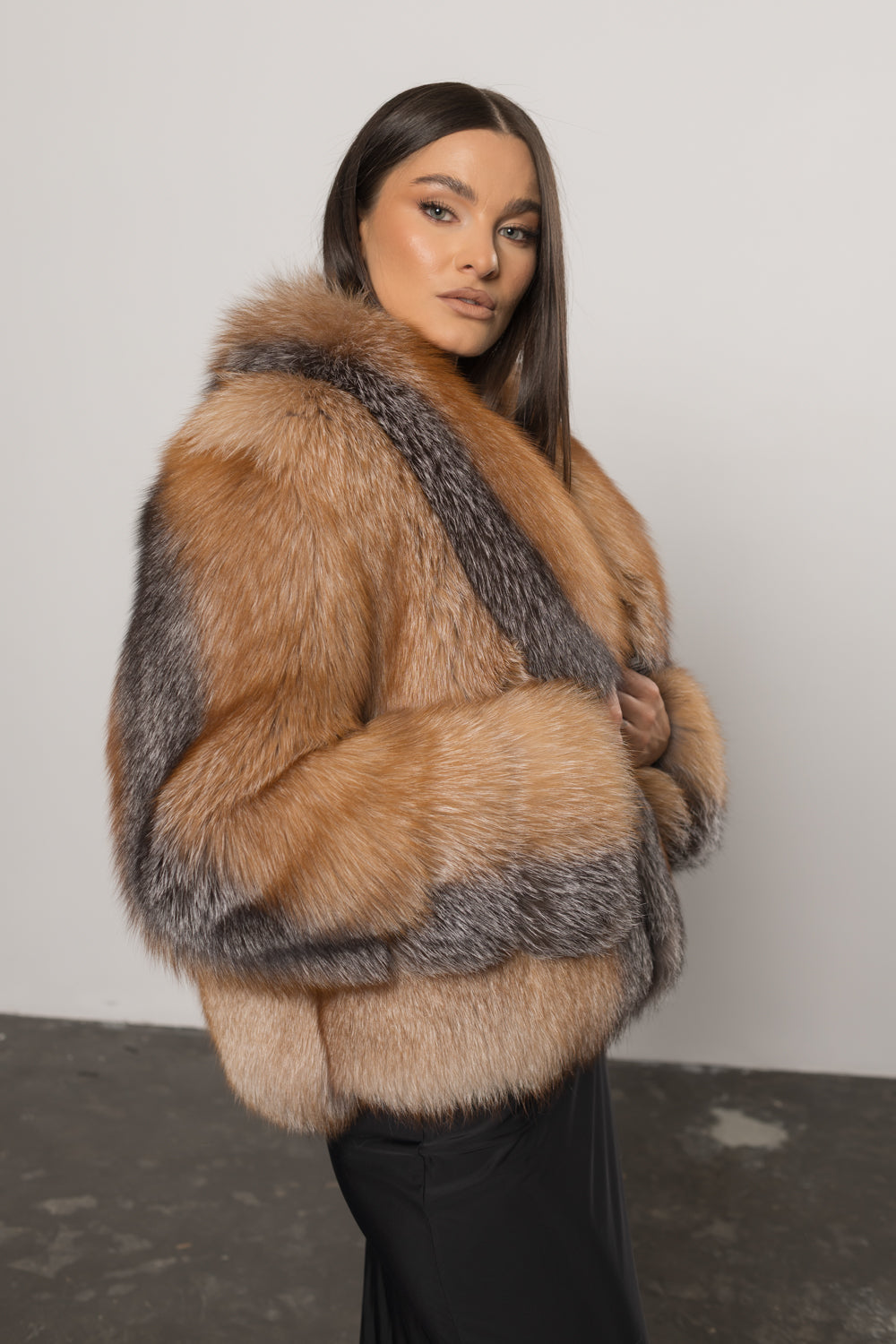 Natural Fox Fur Coat, with Lapel Collar, Women, Canadian Brown 403