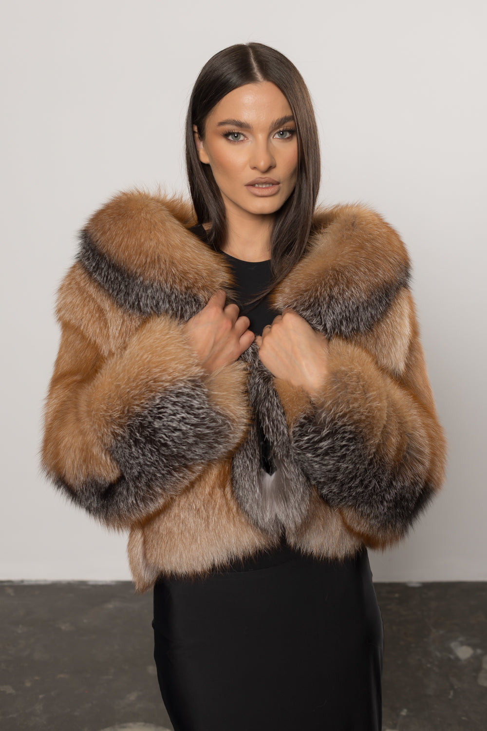 Cappotto in pelliccia naturale di volpe, con colletto a revers, donna, Canadian Brown 403