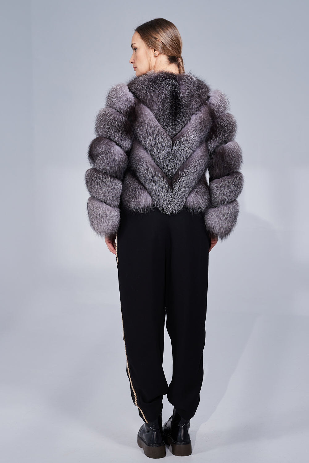 Haină din Blană Naturală de Vulpe Argintie, V Model, Transformabilă, Femei, Grey Frost 242