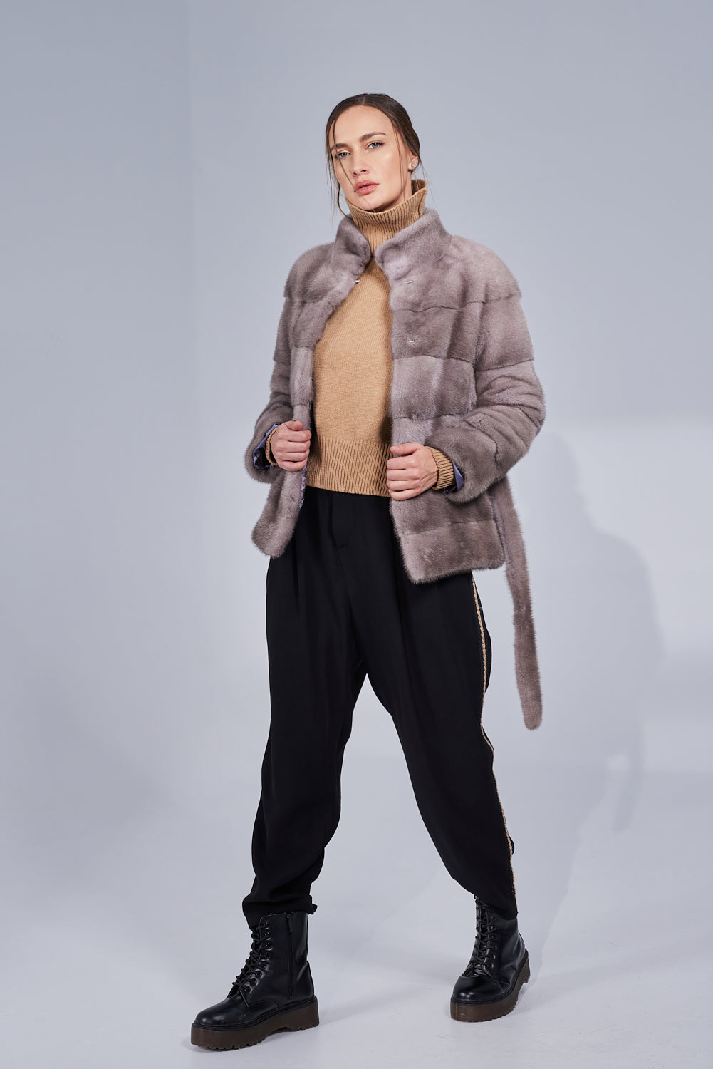 Manteau en fourrure naturelle de vison, avec ceinture, femmes, Silver Blue 194