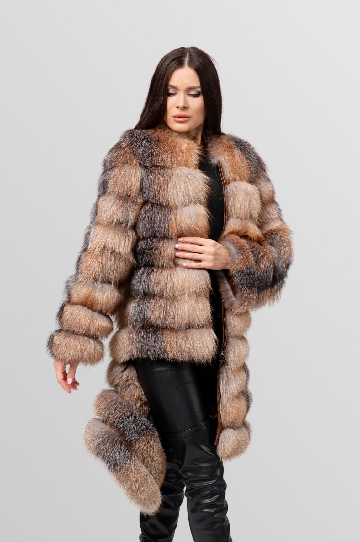 Haină din Blană Naturală de Vulpe Argintie, Transformabilă 6 în 1, Femei, Brown Frost 241