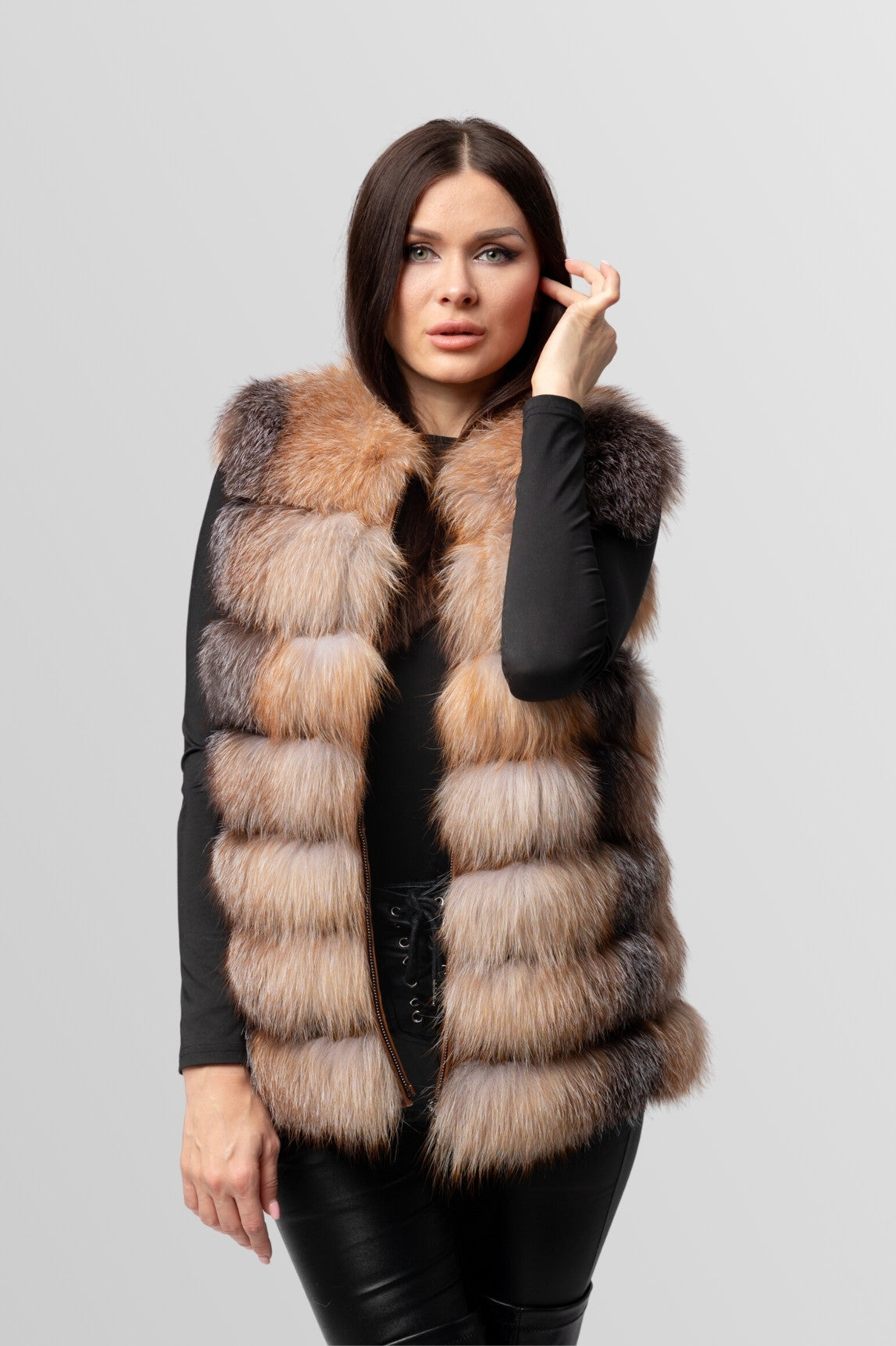 6-in-1-Umwandelbarer Pelzmantel aus natürlichem Silberfuchs für Damen, Brown Frost 241