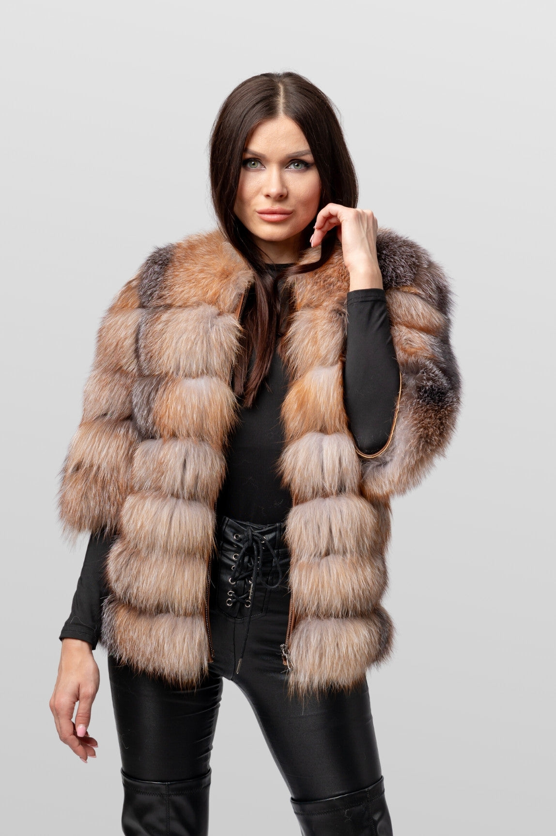 6-in-1-Umwandelbarer Pelzmantel aus natürlichem Silberfuchs für Damen, Brown Frost 241