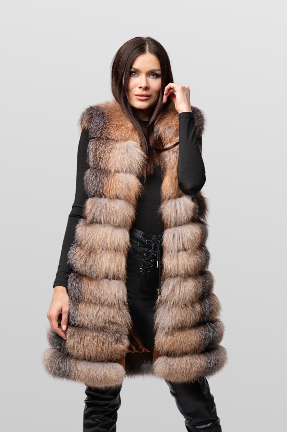 6-in-1-Umwandelbarer Pelzmantel aus natürlichem Silberfuchs für Damen, Brown Frost 241