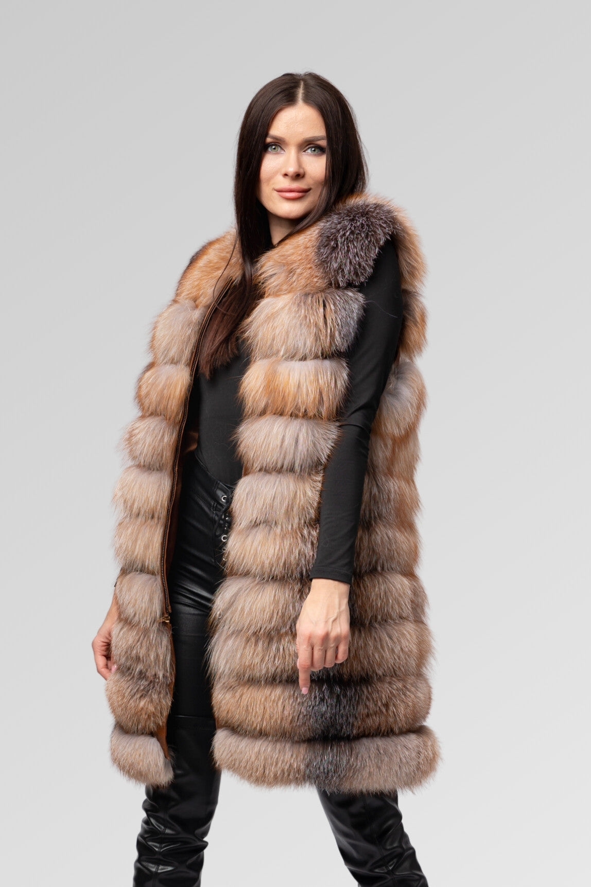 6-in-1-Umwandelbarer Pelzmantel aus natürlichem Silberfuchs für Damen, Brown Frost 241