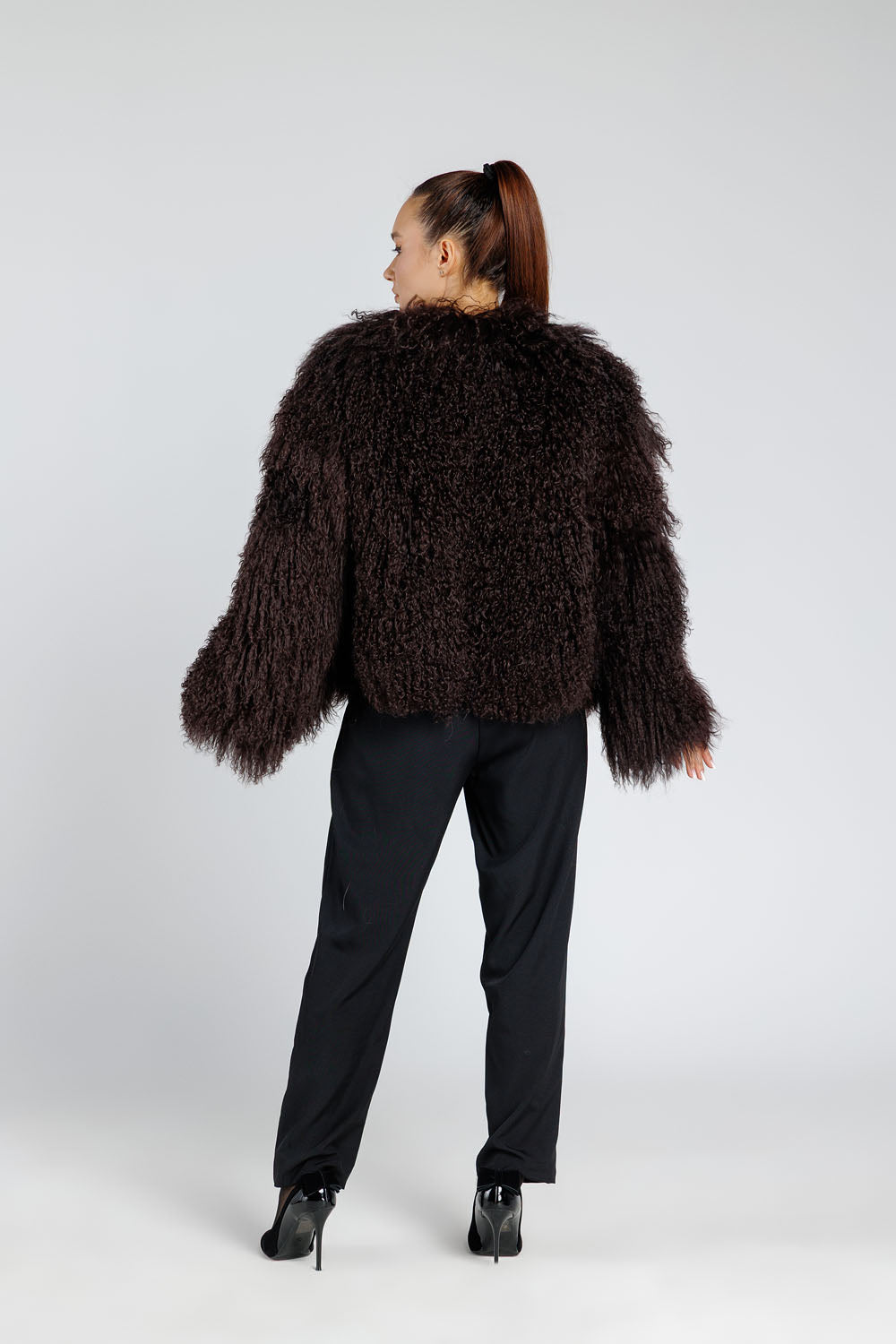 Cappotto in vera pelliccia di agnello tibetano, donna, cioccolato fondente 362