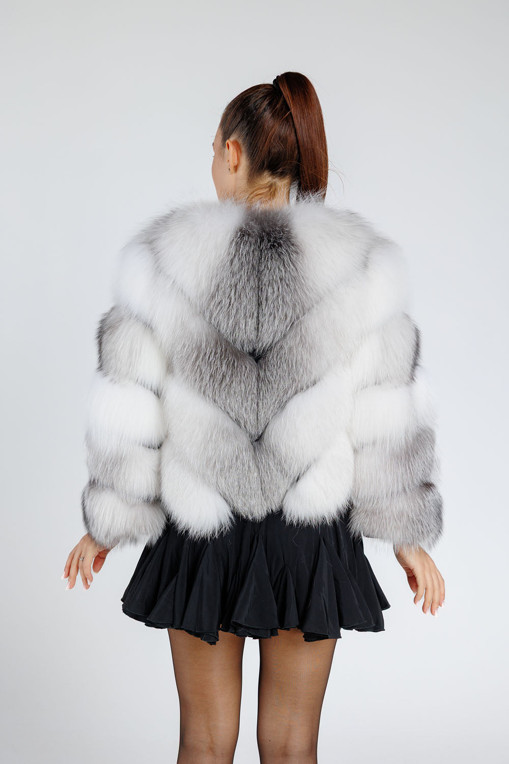 Natural Silver Fox Fur Coat, V Model, Convertible, Women, Arctic White 376
