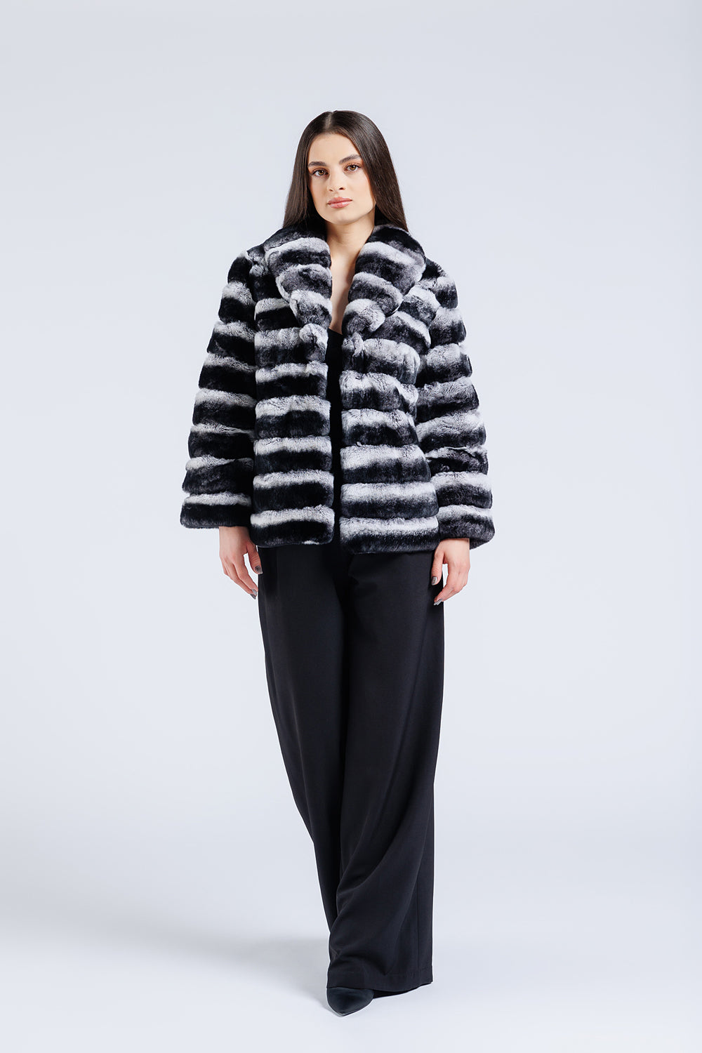 Haină din Blană Naturală de Rex Chinchilla, Guler Rever, Femei, Silver Grey 177