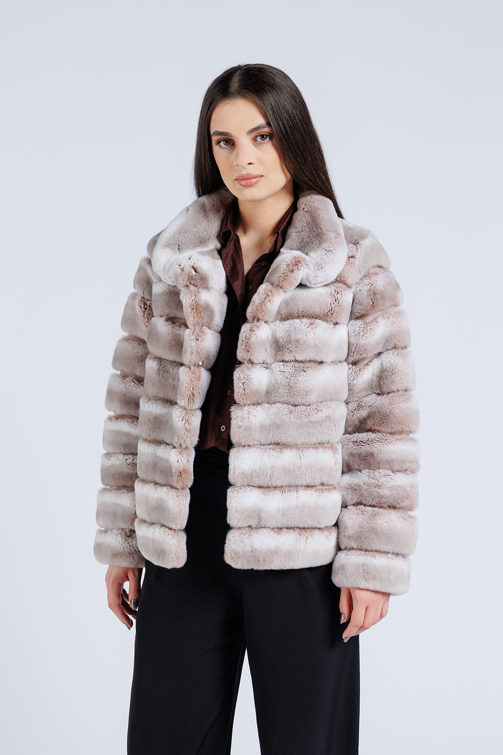Haină din Blană Naturală de Rex Chinchilla, Guler Tunică, Femei, Pearl 179