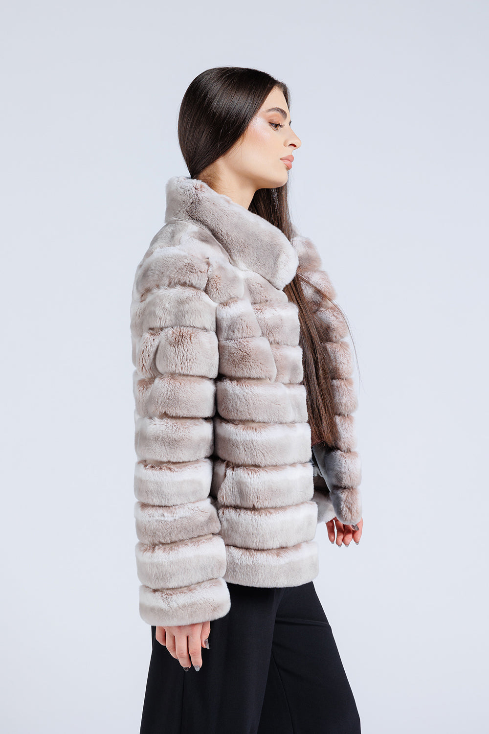 Manteau en fourrure naturelle de Rex Chinchilla, col officier, femmes, Pearl 179