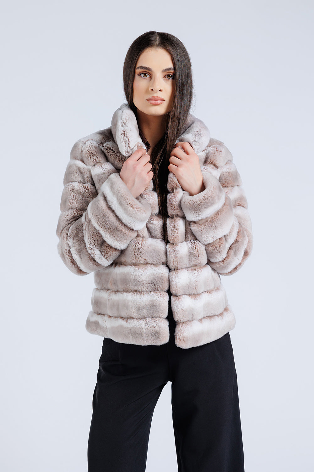 Manteau en fourrure naturelle de Rex Chinchilla, col officier, femmes, Pearl 179