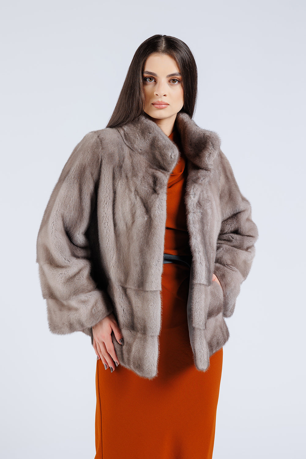 Haină din Blană Naturală de Vizon, Mâneca Clopot, Femei, Silver Blue 227