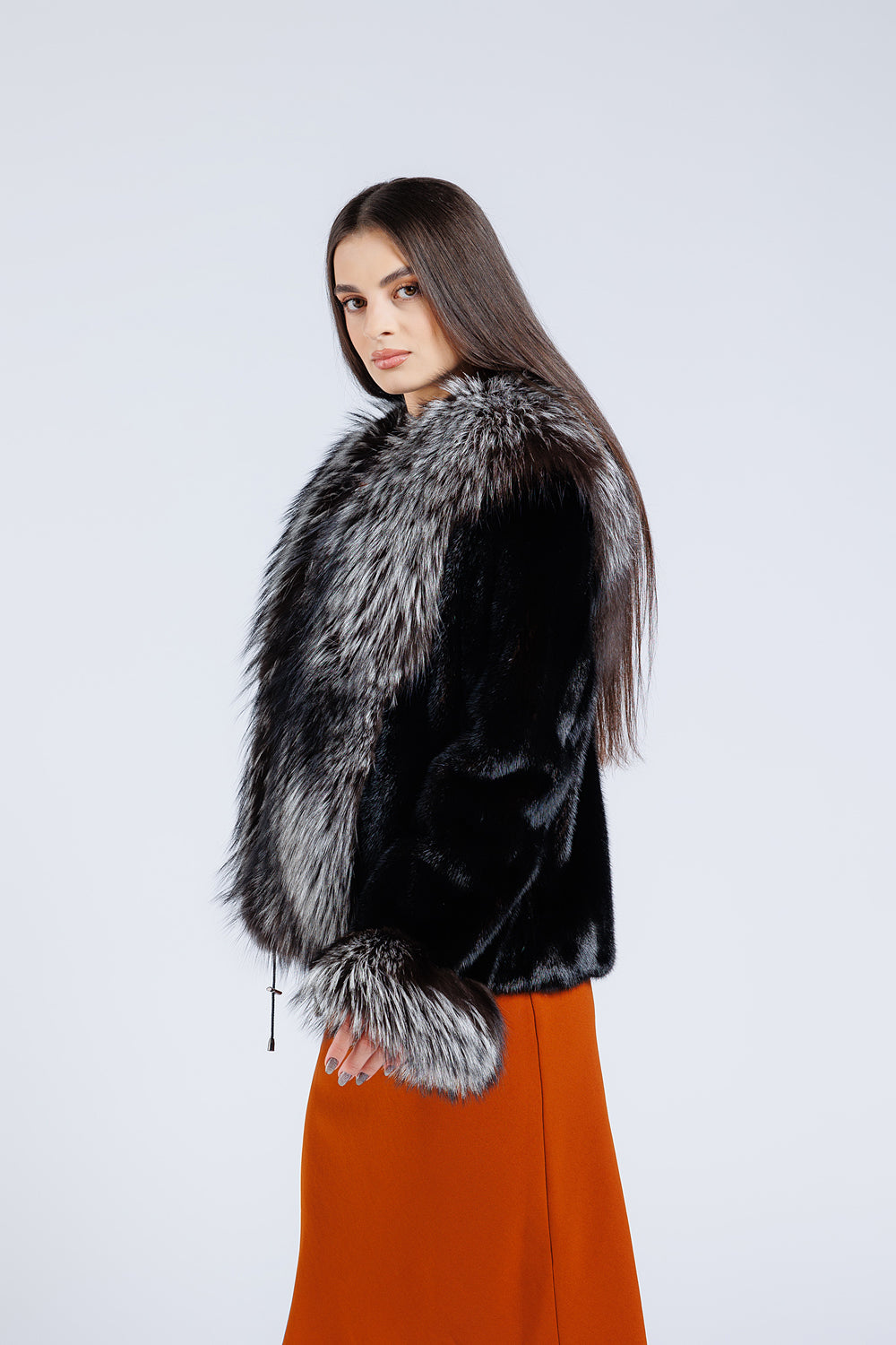 Women's Natural Mink and Fox Fur Coat with Collar and Cuffs, Diamond and Silver Grey 183
