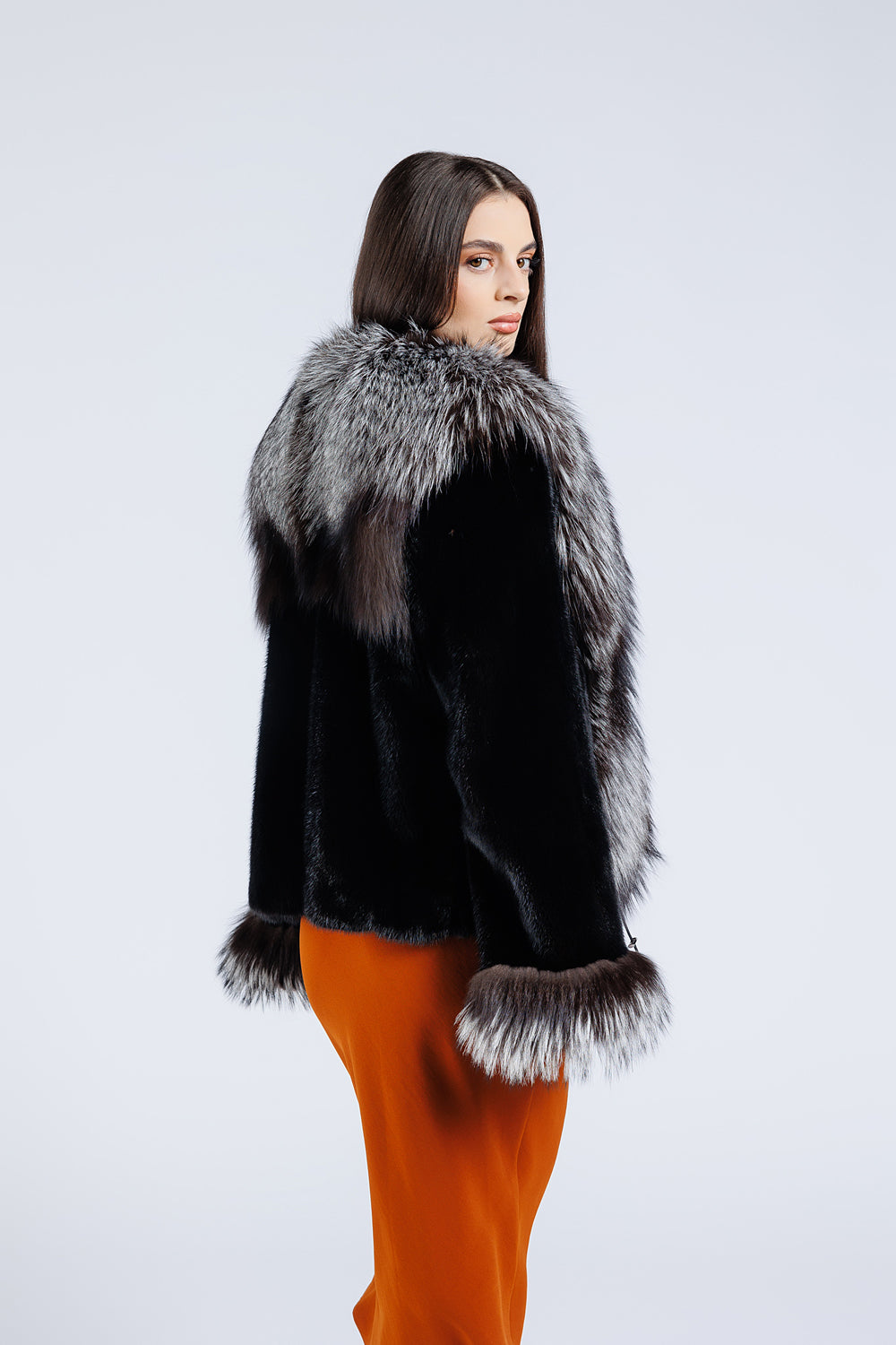 Women's Natural Mink and Fox Fur Coat with Collar and Cuffs, Diamond and Silver Grey 183