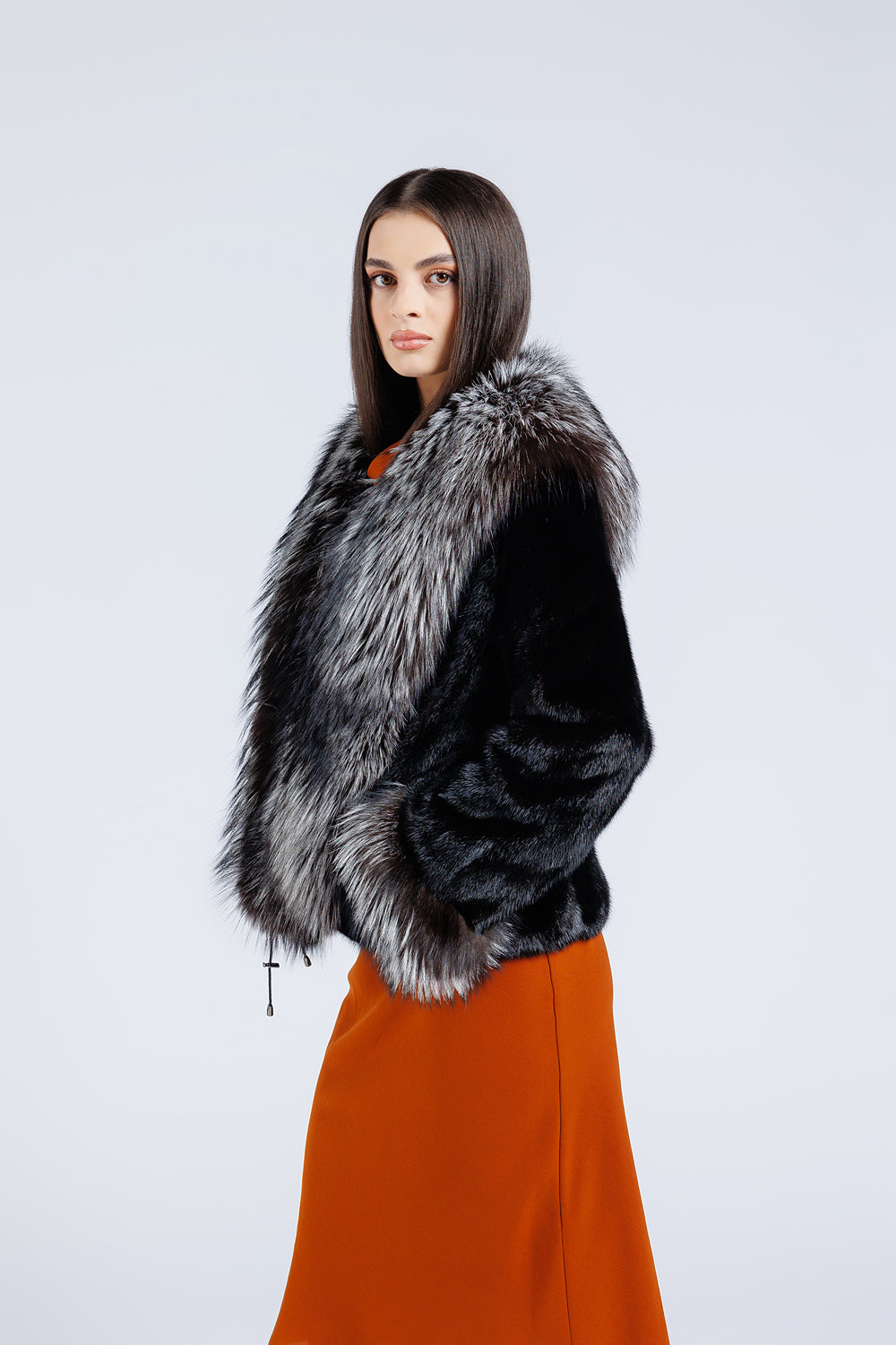 Women's Natural Mink and Fox Fur Coat with Collar and Cuffs, Diamond and Silver Grey 183