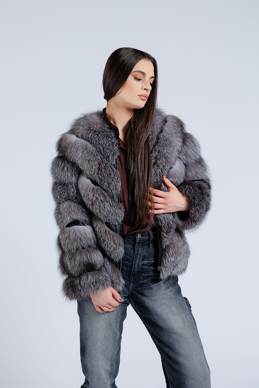 Haină din Blană Naturală de Vulpe, V model, Femei, Dark Grey Frost 273
