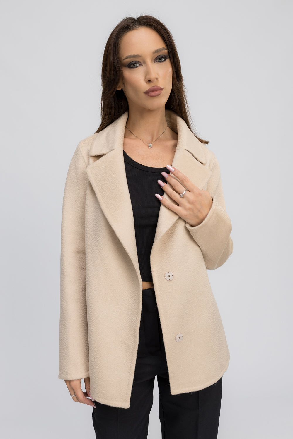 Manteau court en laine à col tailleur, Femme, Crème d'amande 453