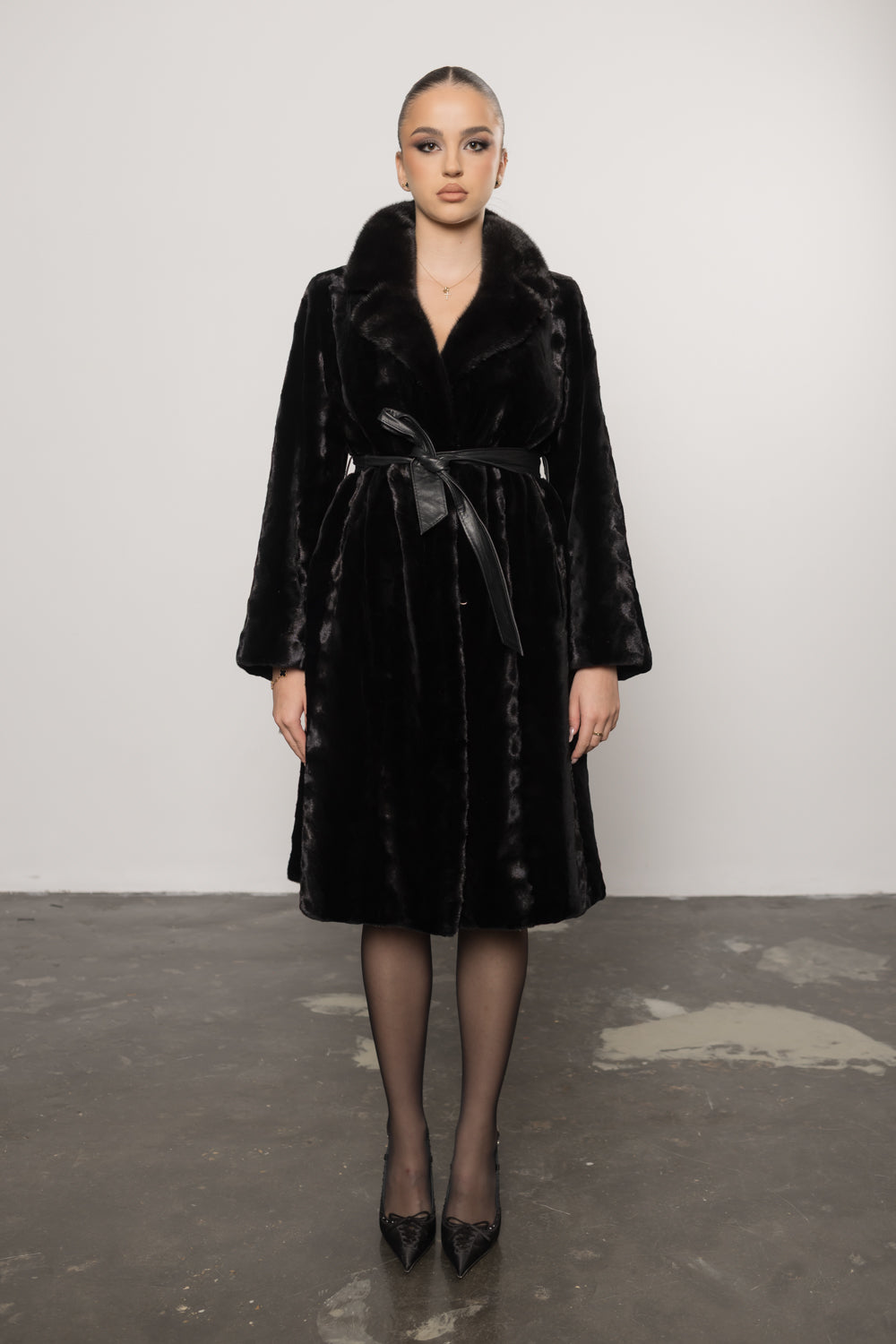 Women's Natural Mink Fur Coat with Drawstring, Diamond Black 418