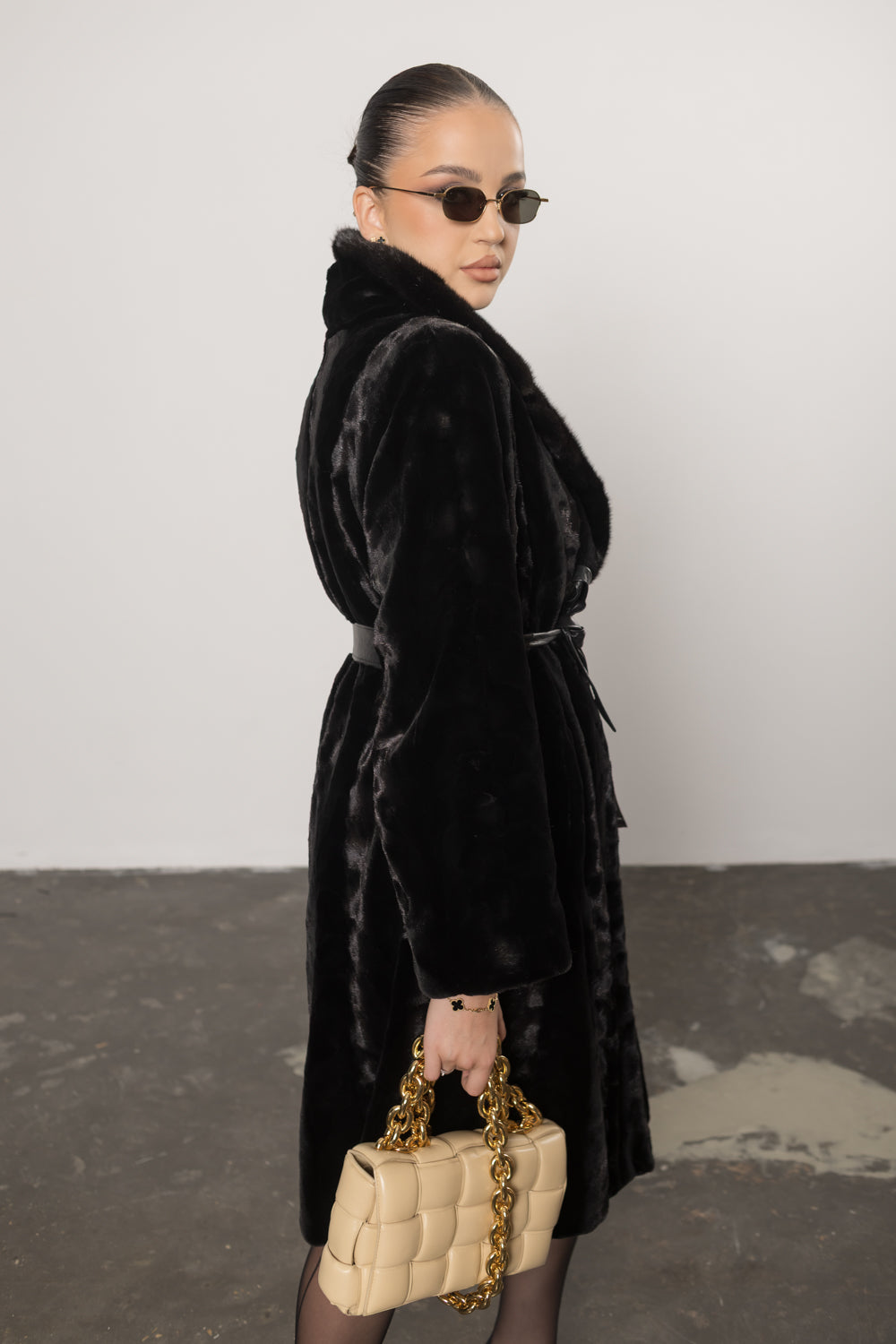 Women's Natural Mink Fur Coat with Drawstring, Diamond Black 418