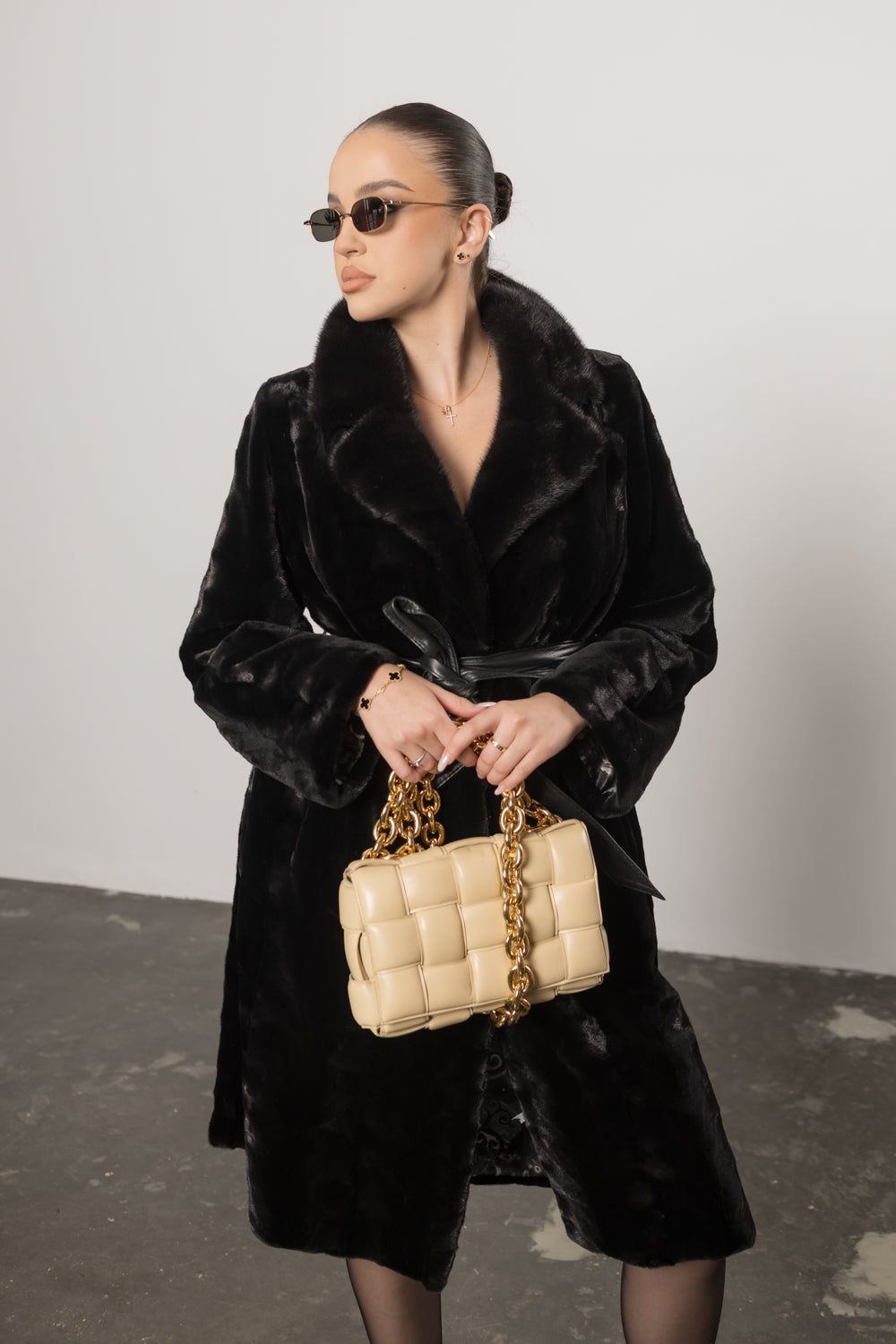 Women's Natural Mink Fur Coat with Drawstring, Diamond Black 418