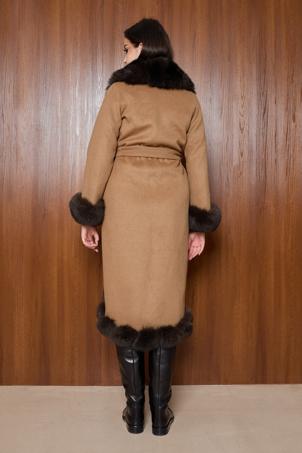 Alpaca Wool and Natural Fox Fur Drawstring Coat, Women, Bronze 350