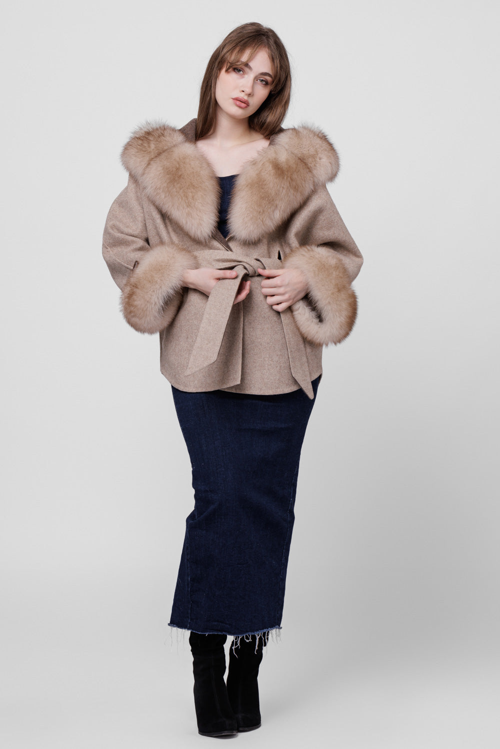 Mantel aus Alpakawolle und natürlichem Fuchspelz mit Kapuze, übergroßes Modell, Damen, Taupe 293
