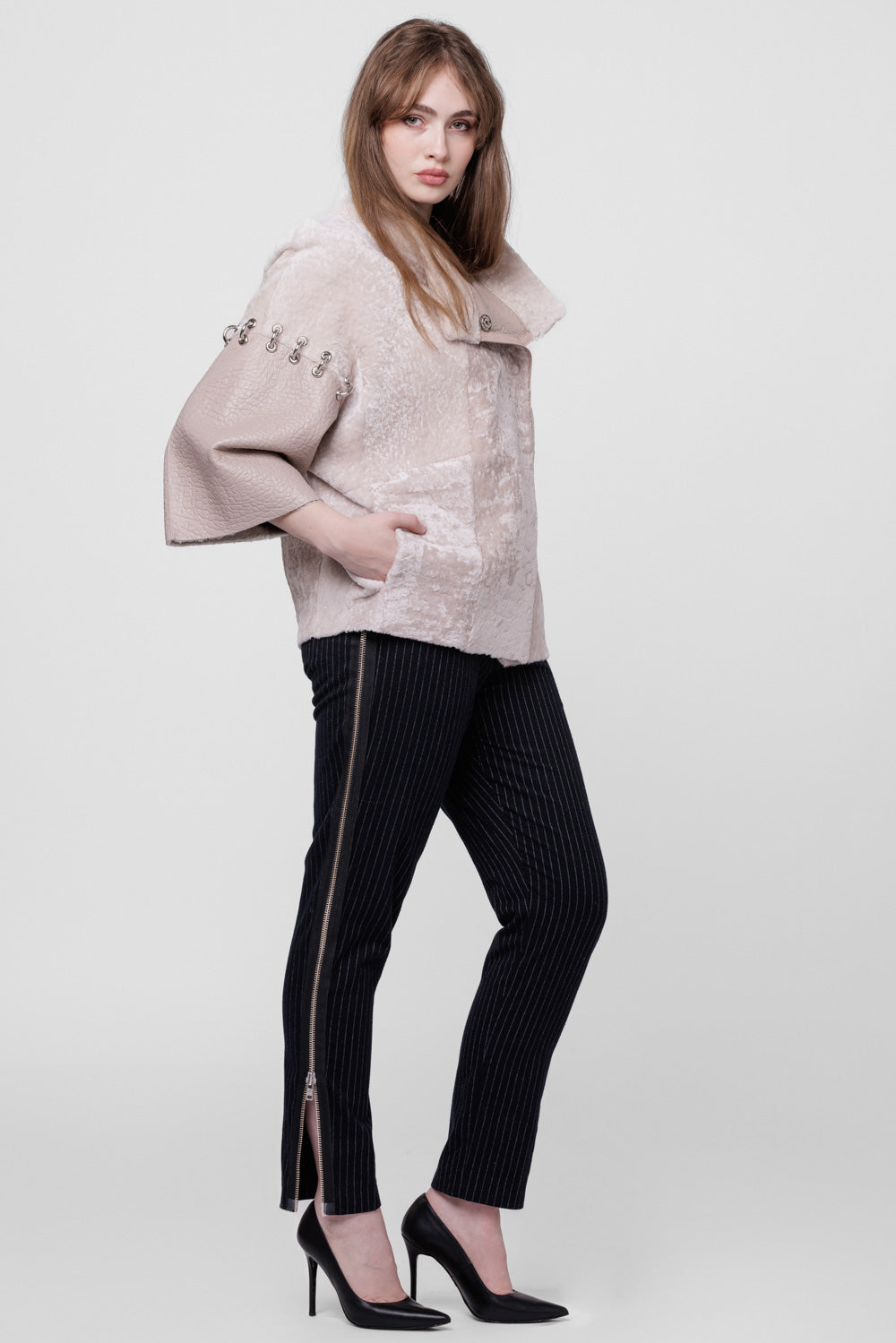Women's Shearling Leather and Fur Poncho, Pearl 300